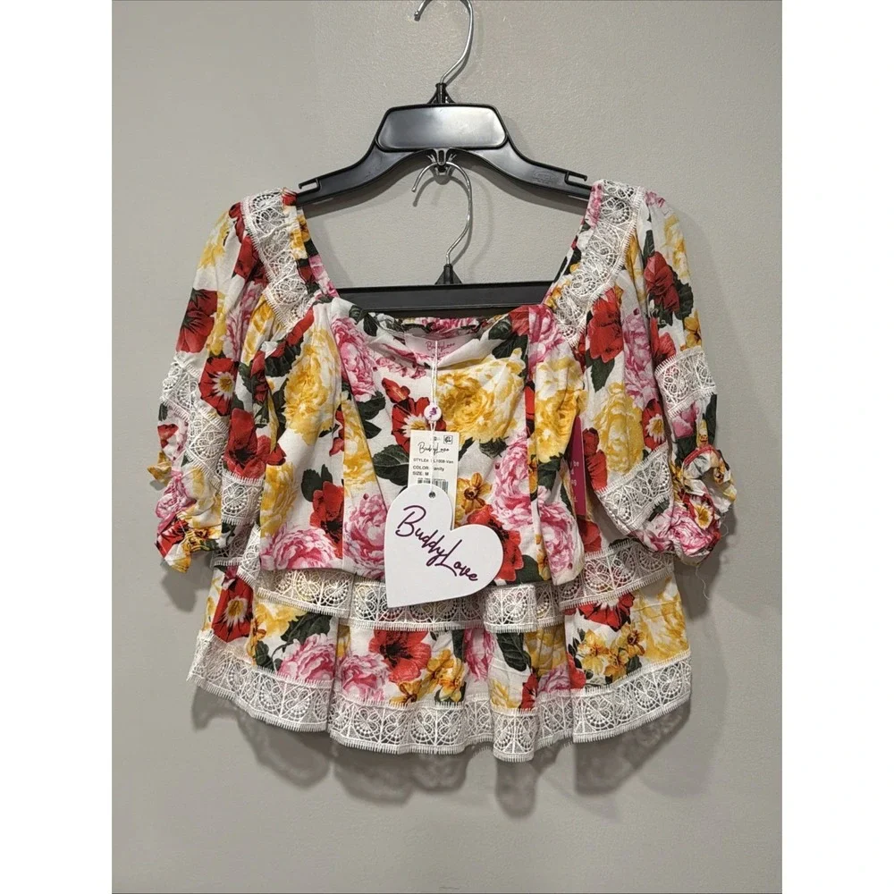 Buddy Love NWT Girls Medium 2piece Set Floral 100% Cotton Lace Trim Puff Sleeve